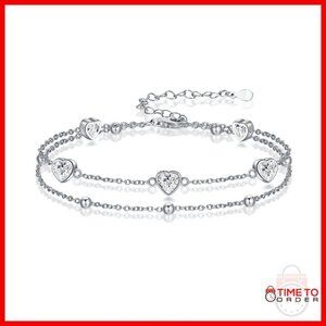 Sterling Silver Double Strand Heart Anklet with Birthstone Charm